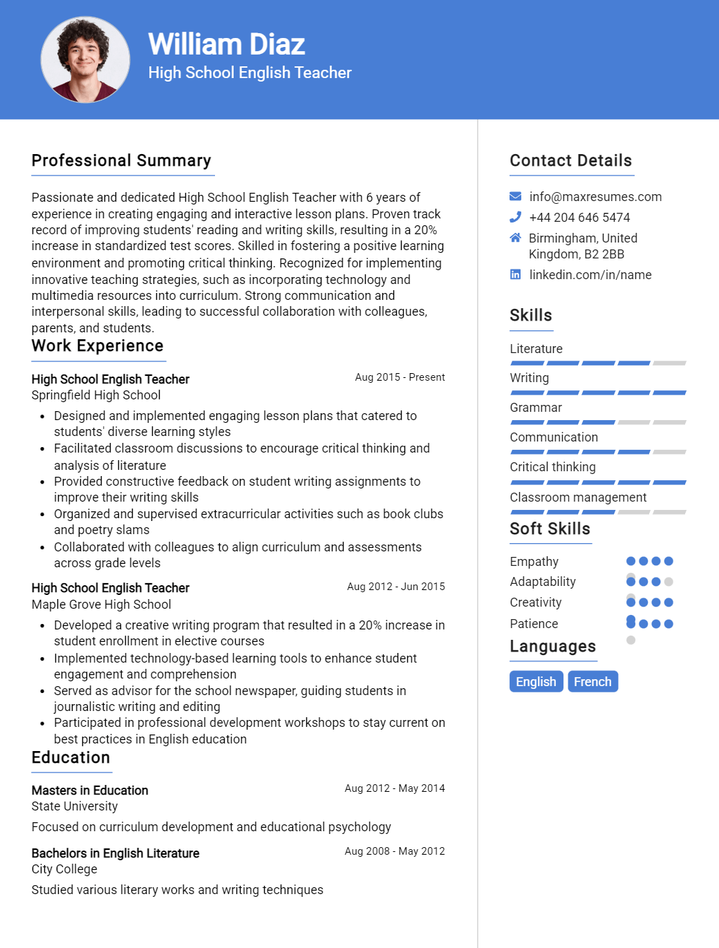 high-school-english-teacher-resume-sample