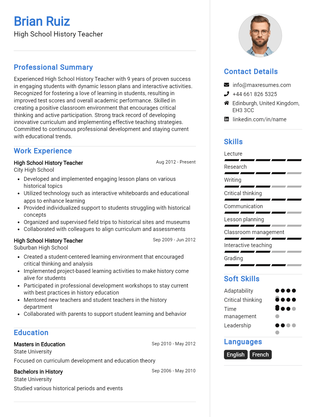 high-school-history-teacher-resume-sample