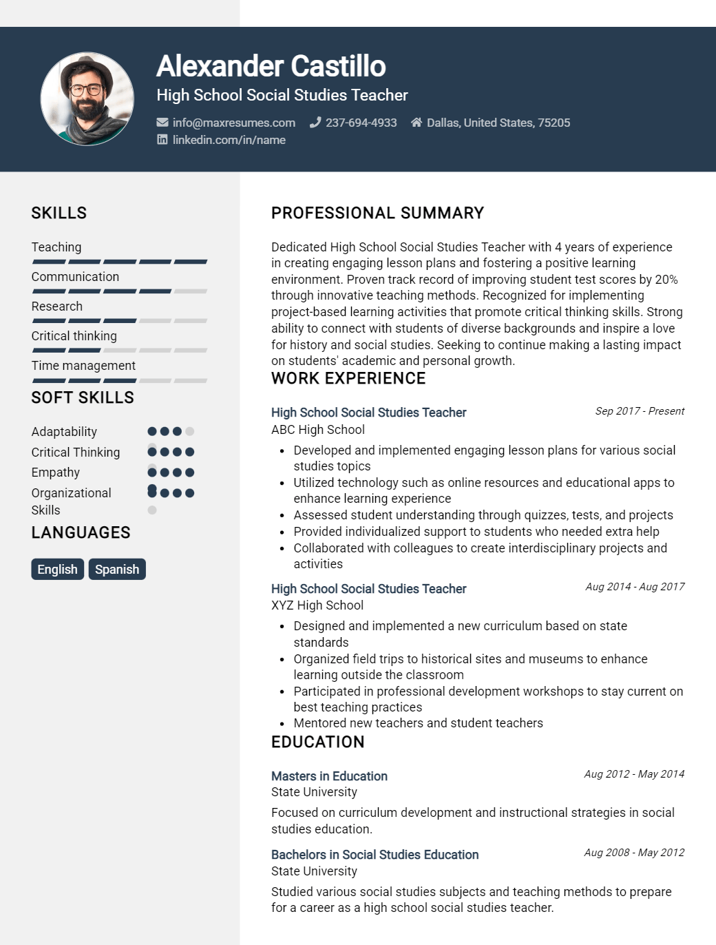 high-school-social-studies-teacher-resume-sample