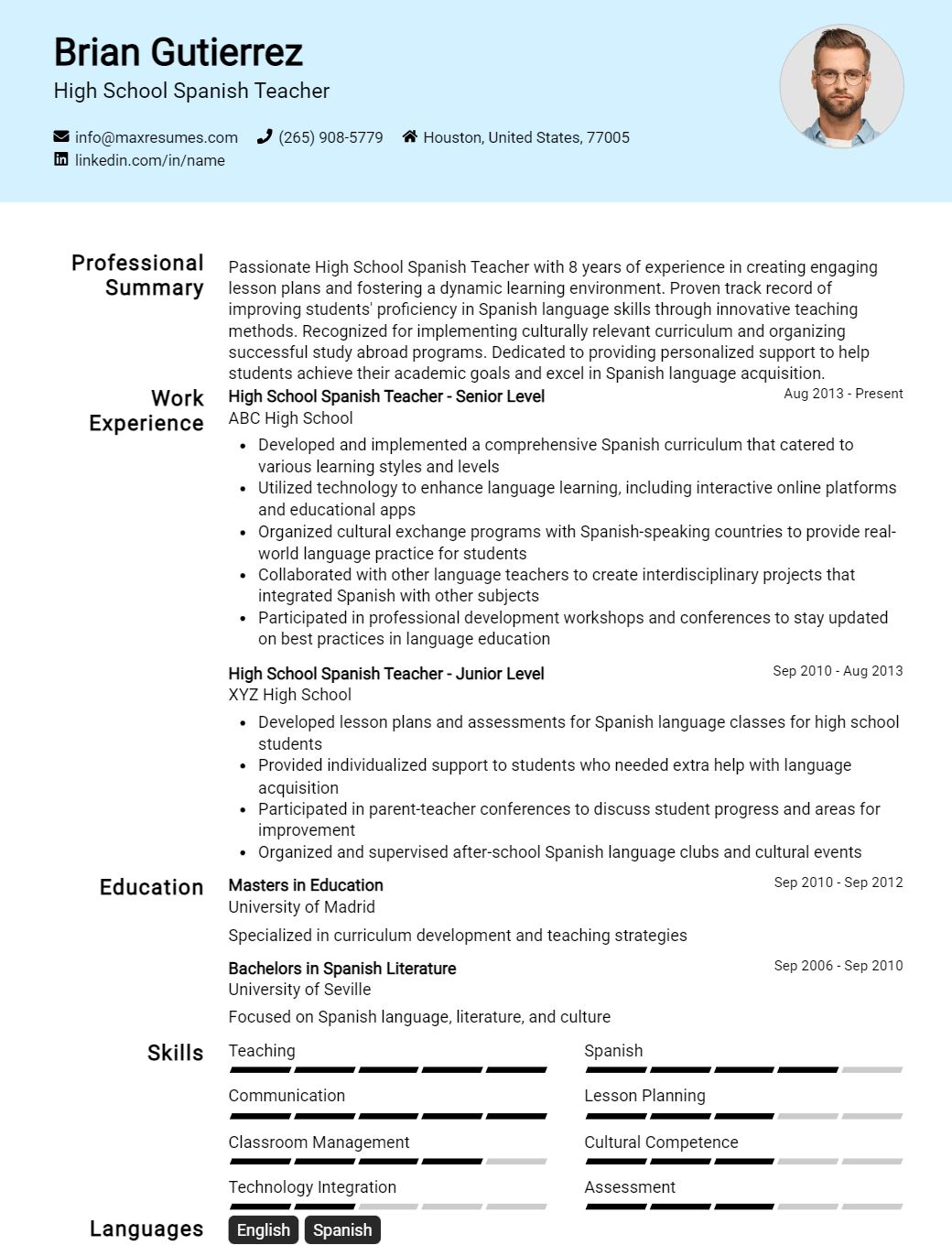 high-school-spanish-teacher-resume-sample