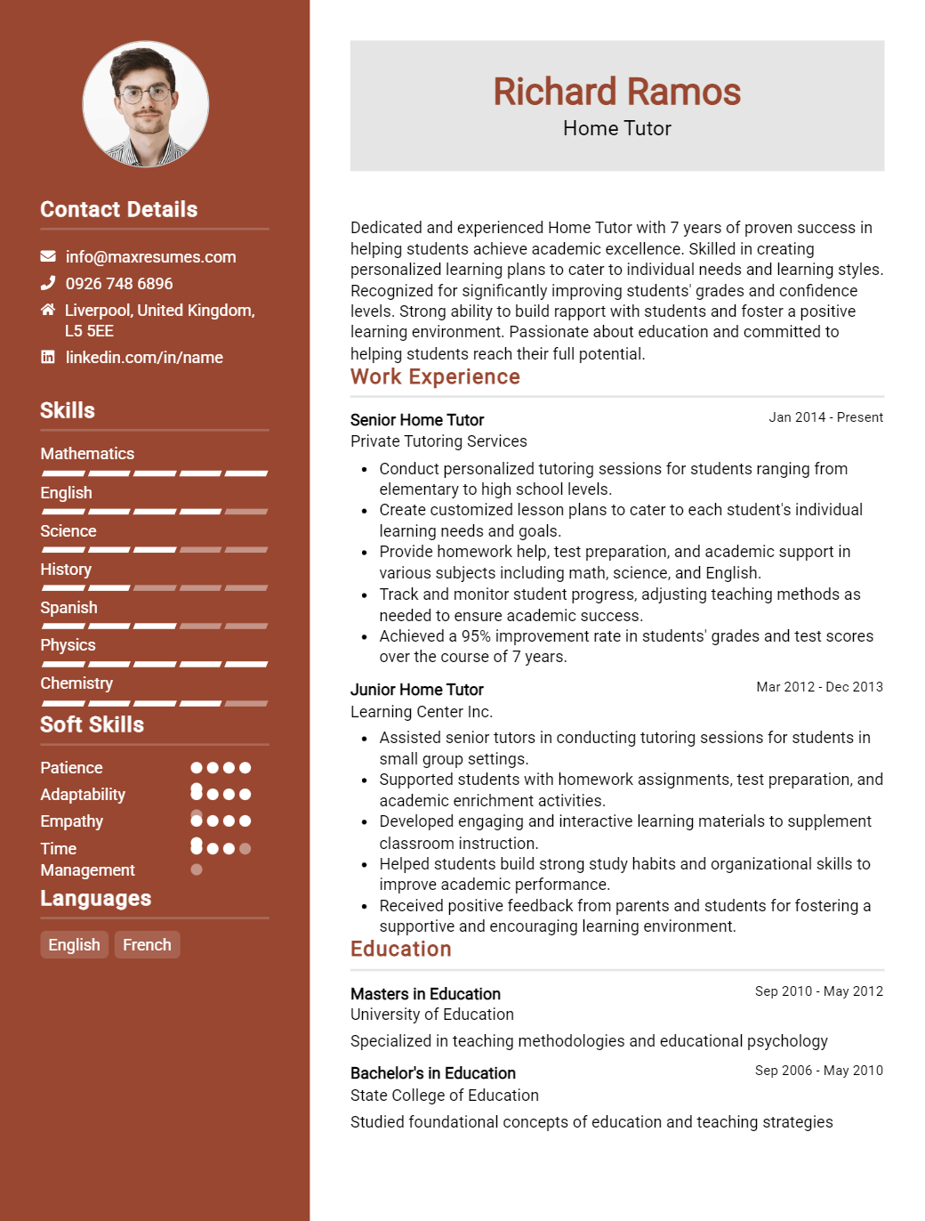 home-tutor-resume-sample