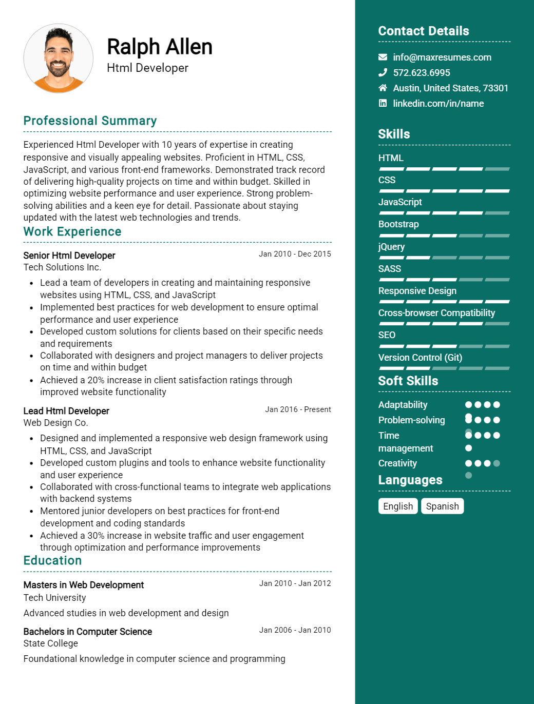 html-developer-resume-sample