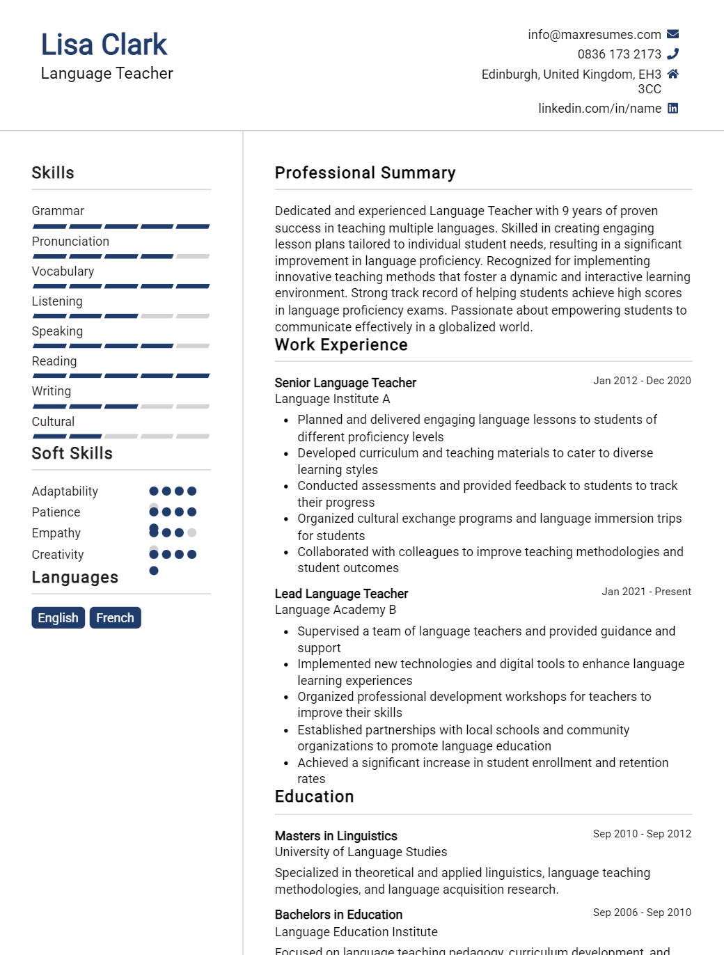 language-teacher-resume-sample