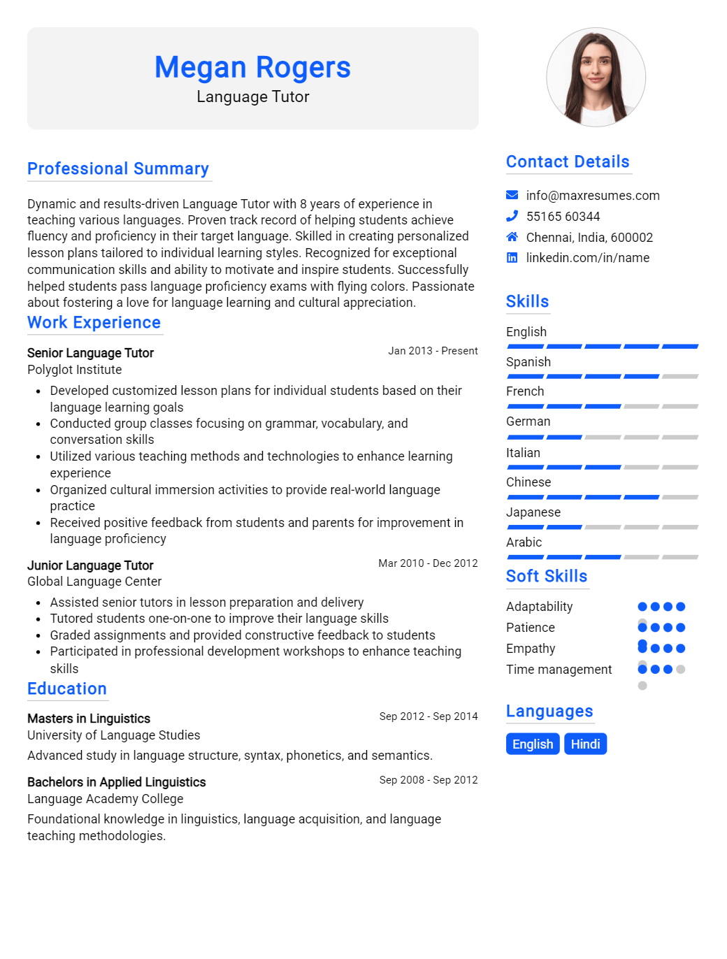 language-tutor-resume-sample