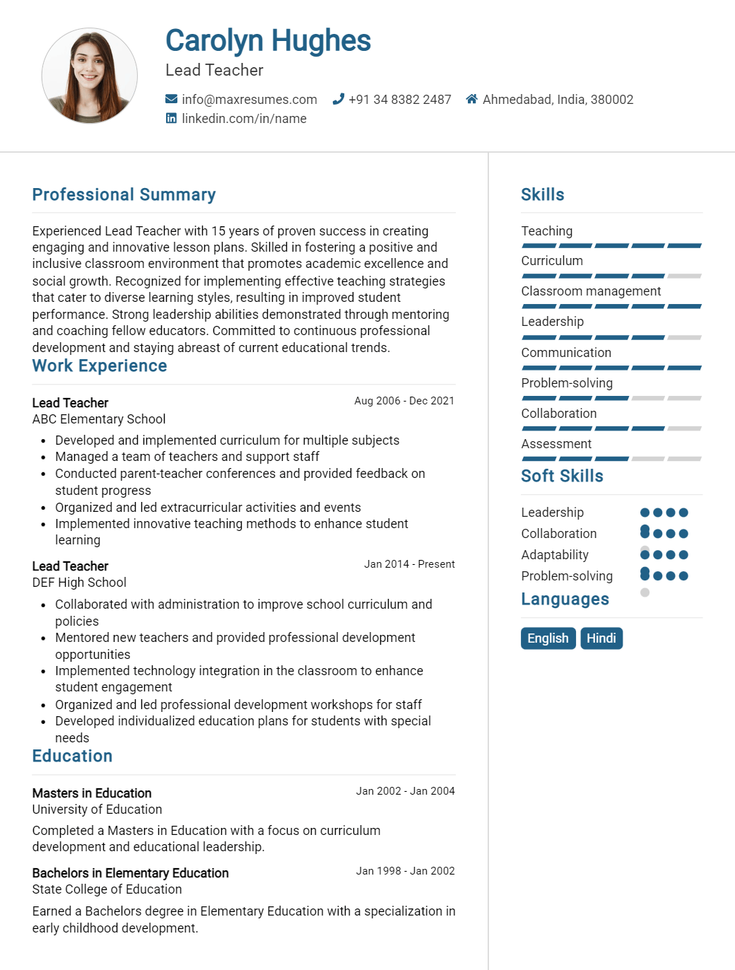 lead-teacher-resume-sample