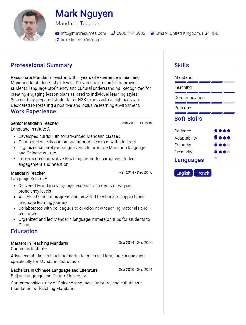 mandarin-teacher-resume-sample