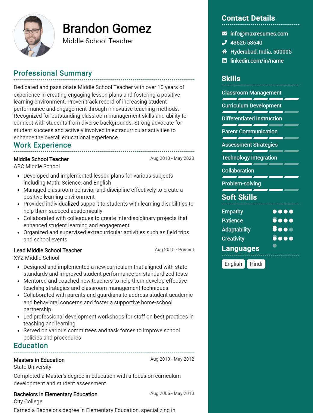 middle-school-teacher-resume-sample
