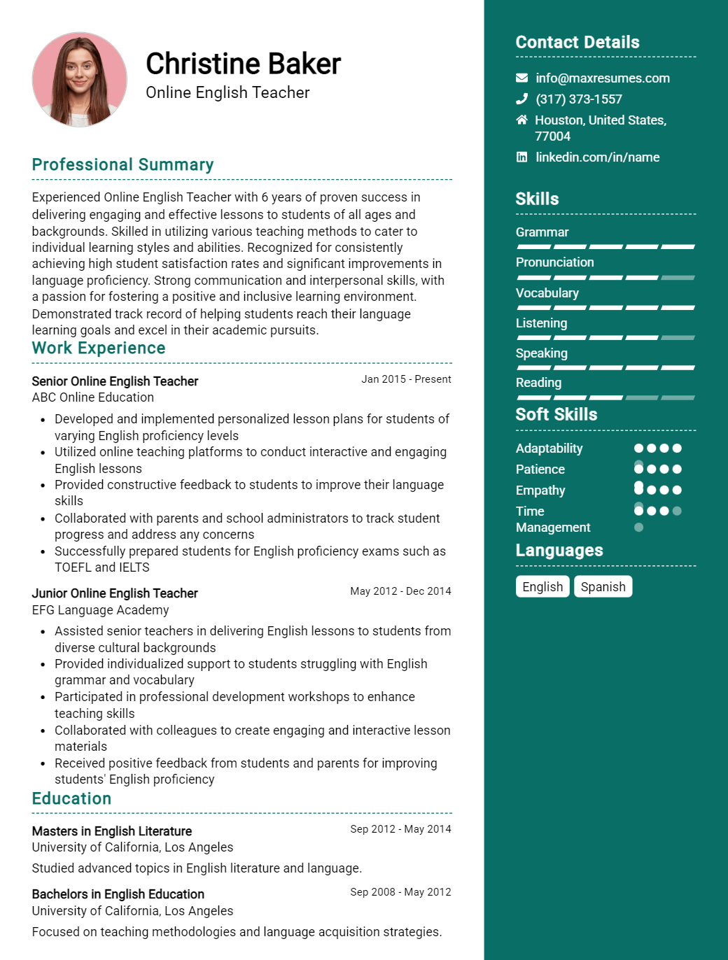 online-english-teacher-resume-sample