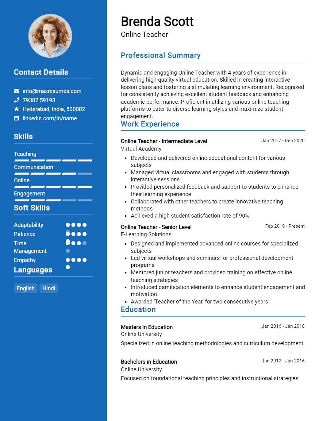 online-teacher-resume-sample