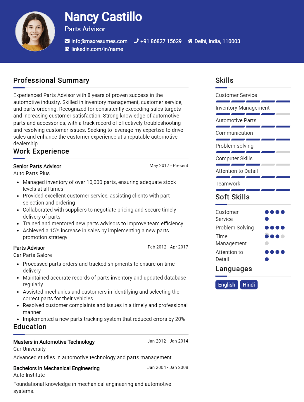 parts-advisor-resume-sample