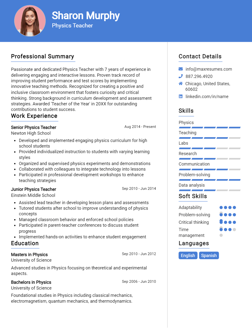 physics-teacher-resume-sample