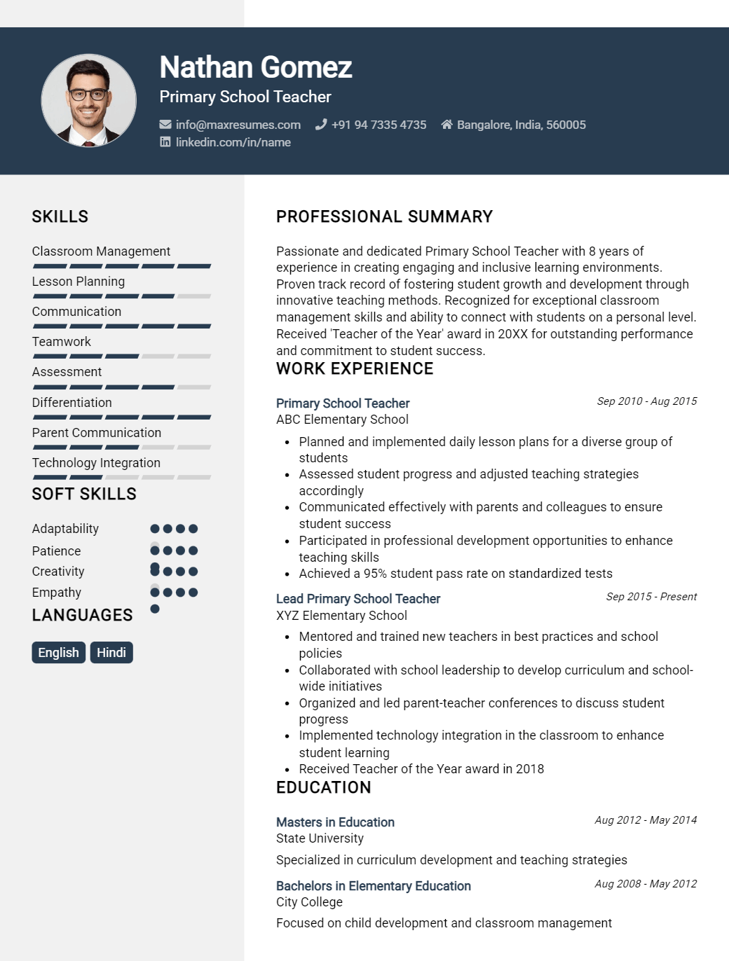 primary-school-teacher-resume-sample