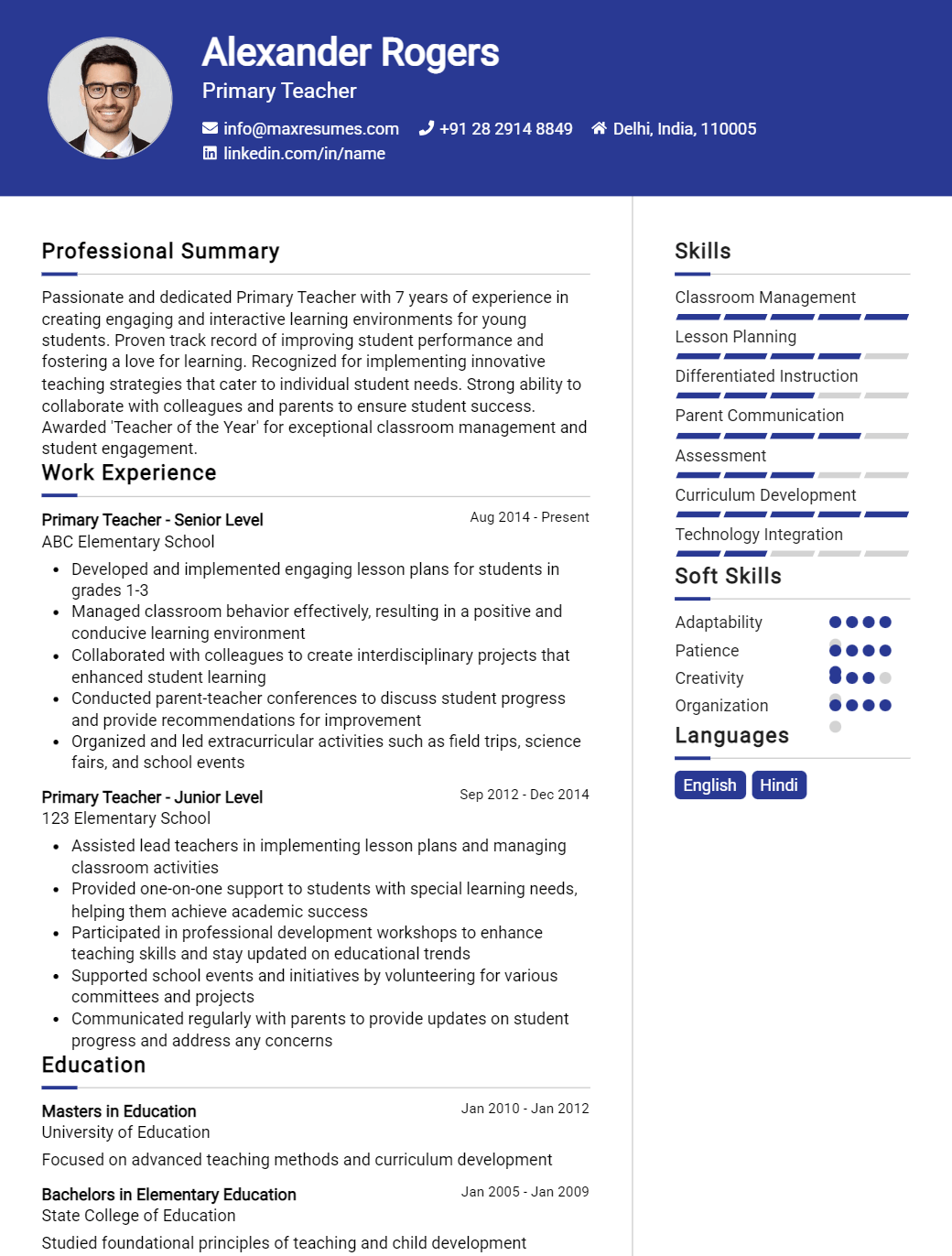 primary-teacher-resume-sample