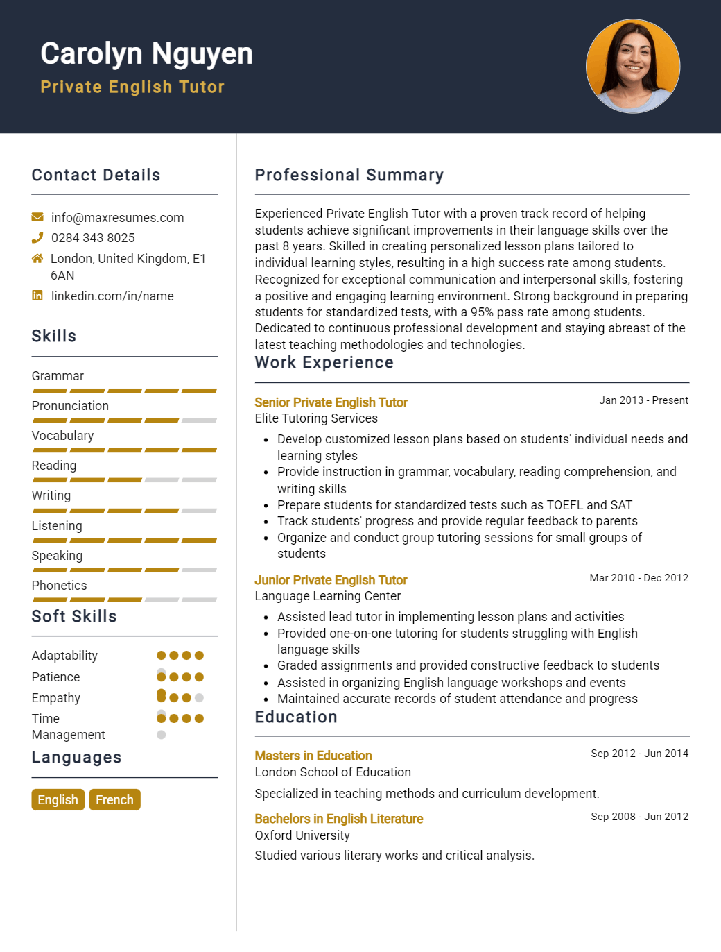 private-english-tutor-resume-sample