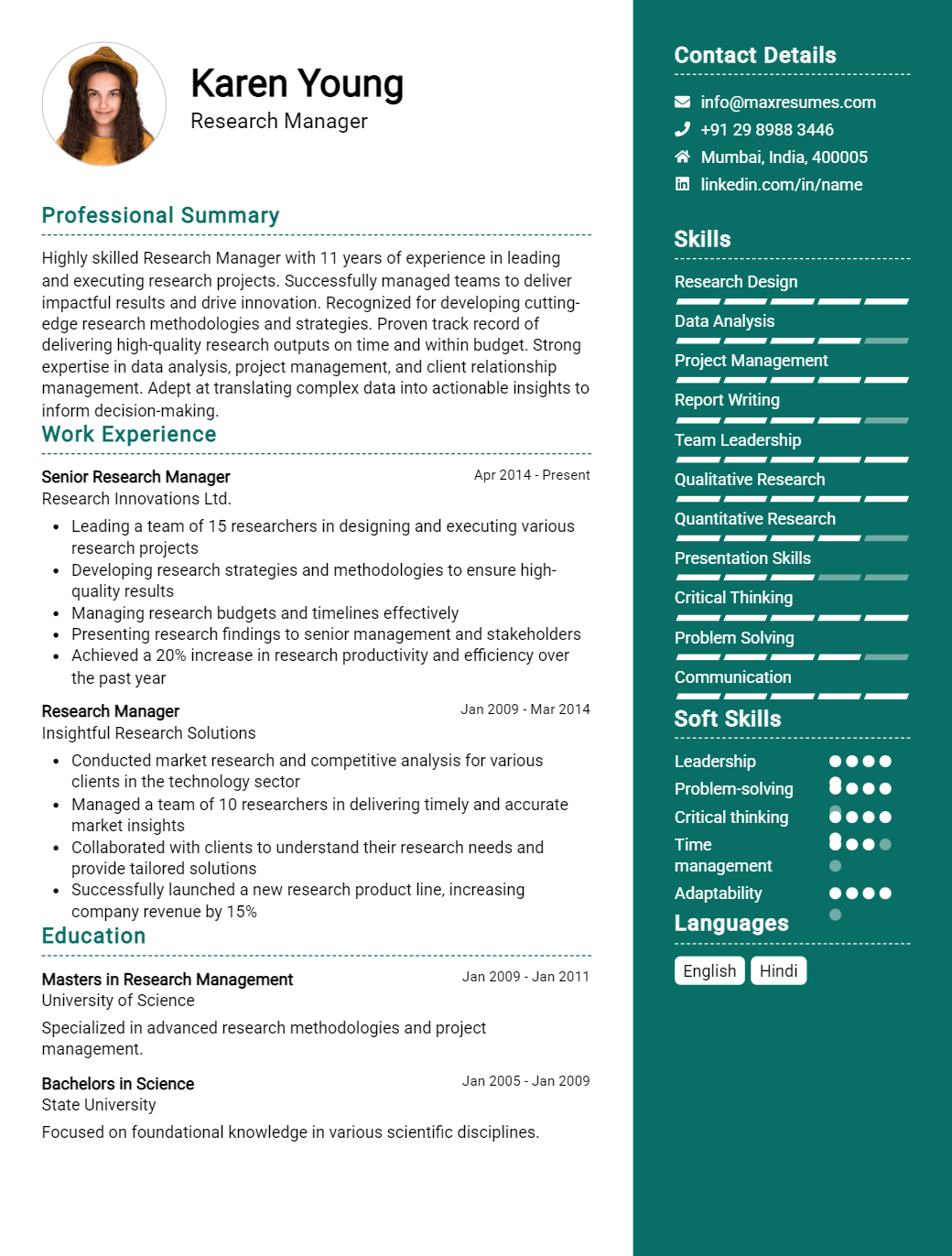 research-manager-resume-sample