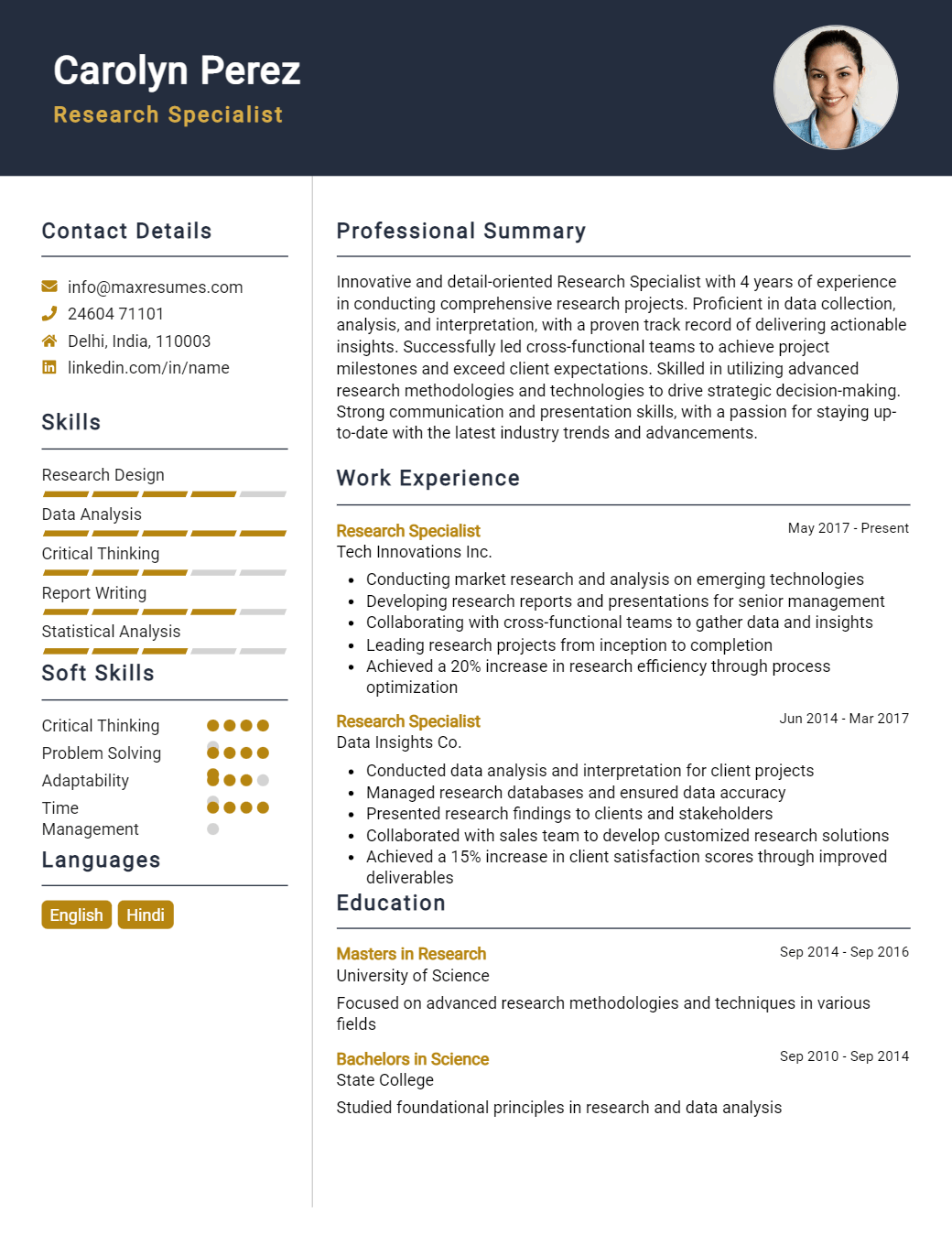 research-specialist-resume-sample