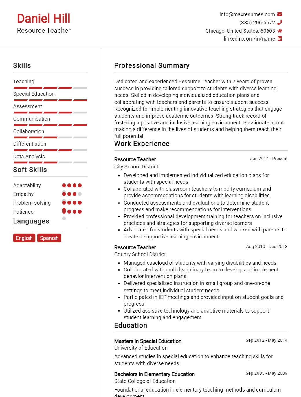 resource-teacher-resume-sample