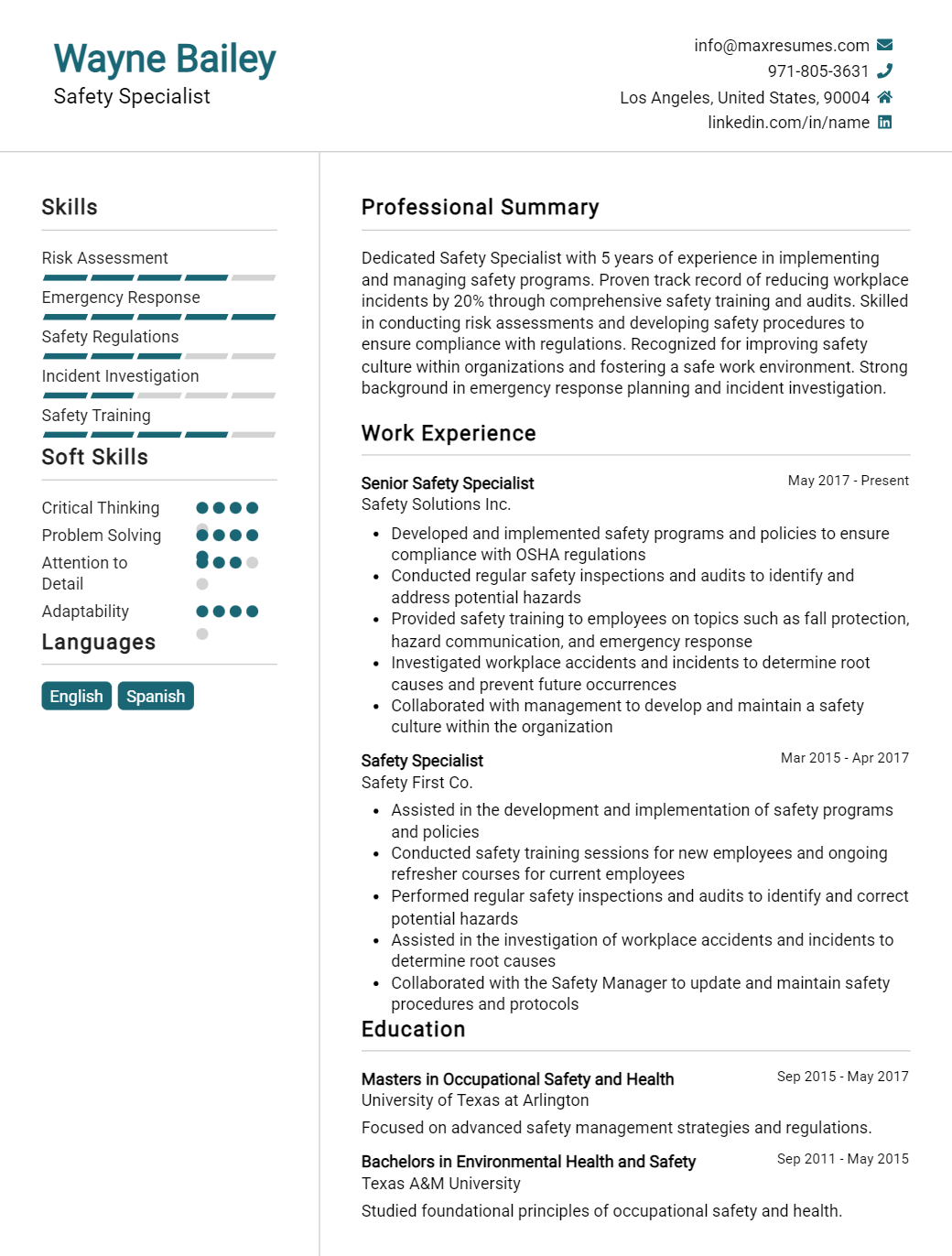 safety-specialist-resume-sample