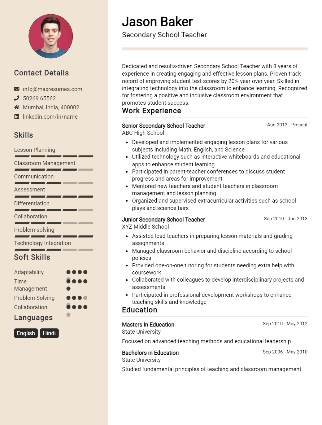 secondary-school-teacher-resume-sample