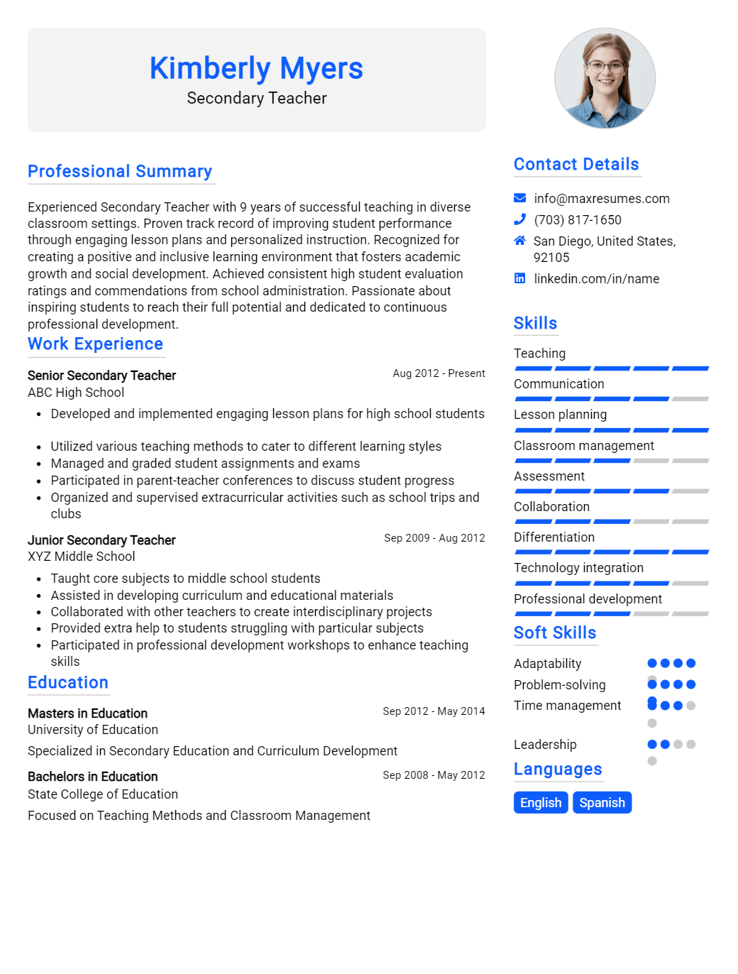 secondary-teacher-resume-sample