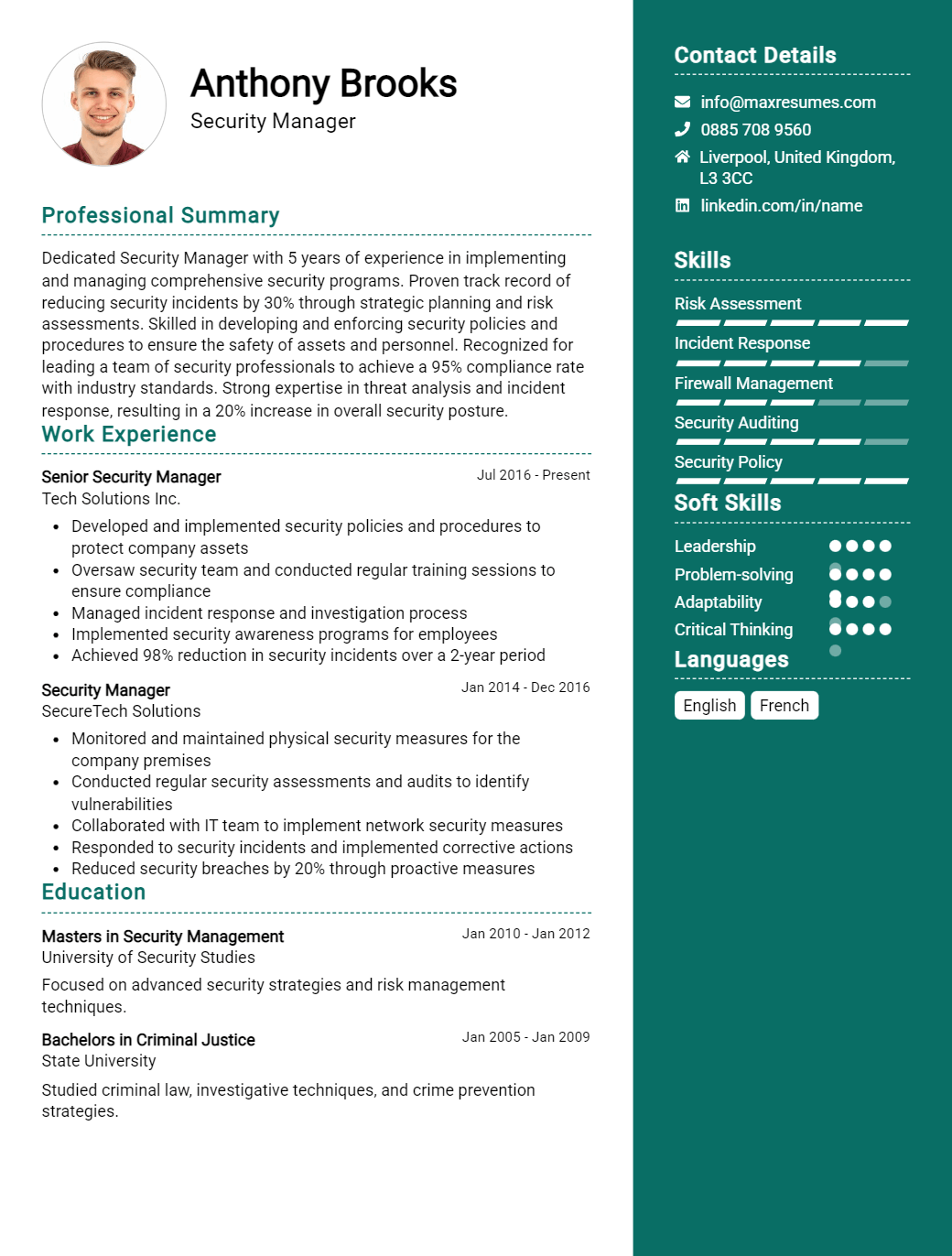 security-manager-resume-sample