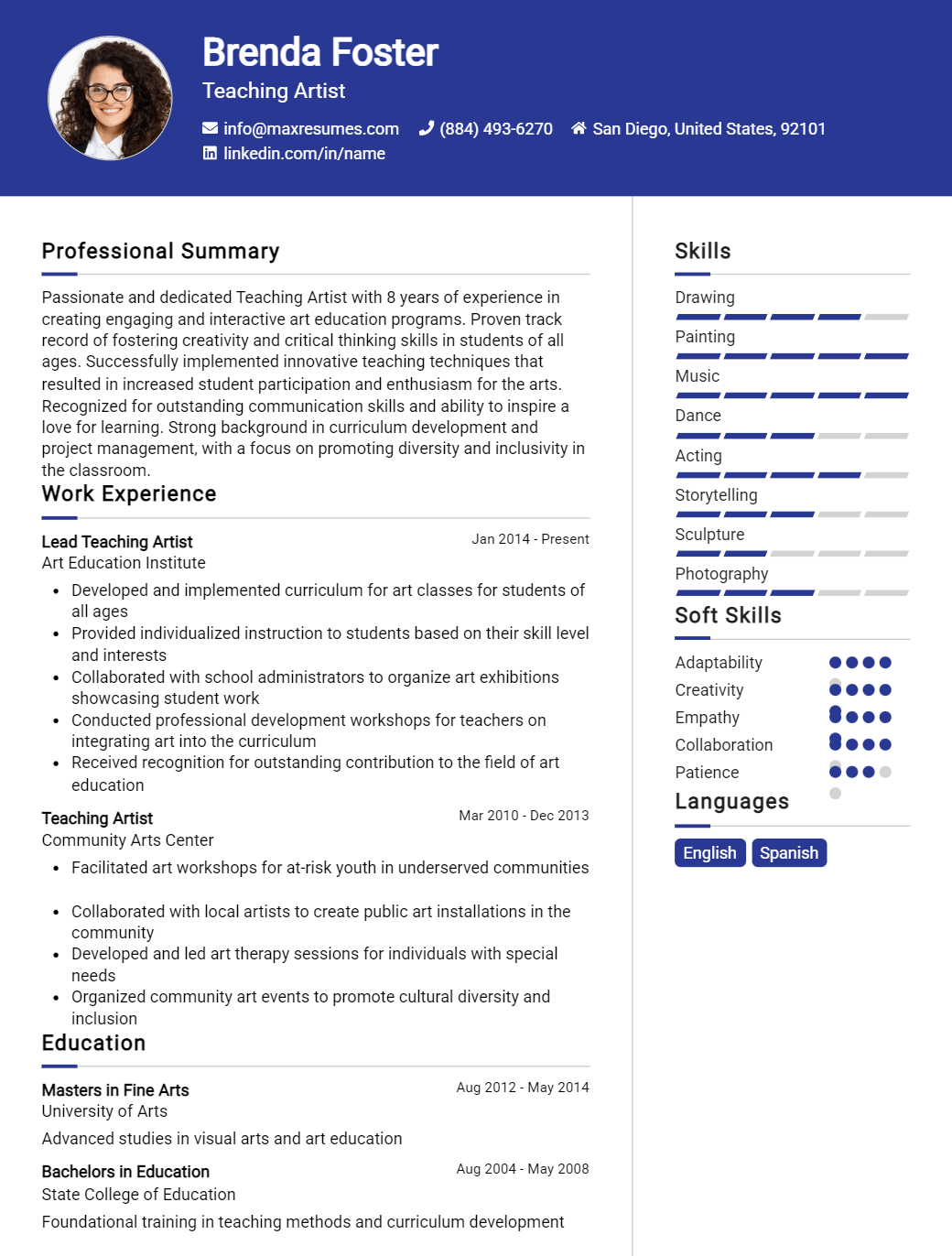 teaching-artist-resume-sample