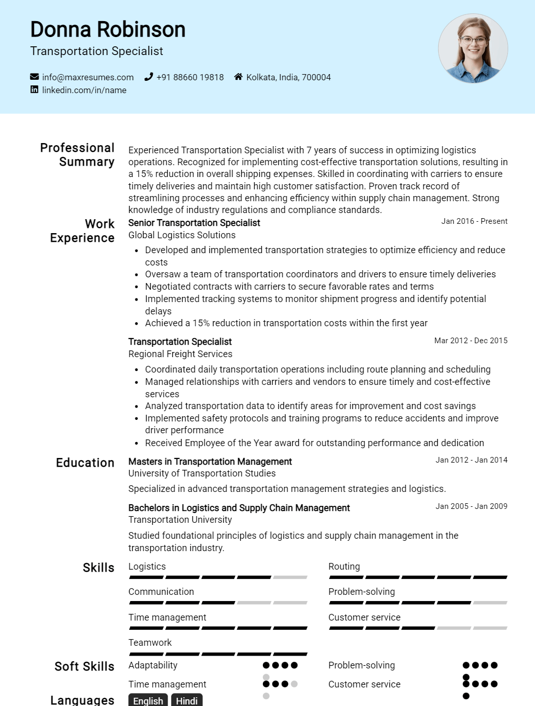 transportation-specialist-resume-sample