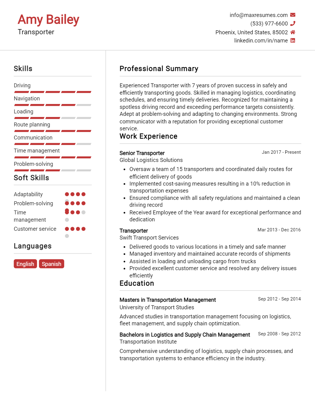 transporter-resume-sample