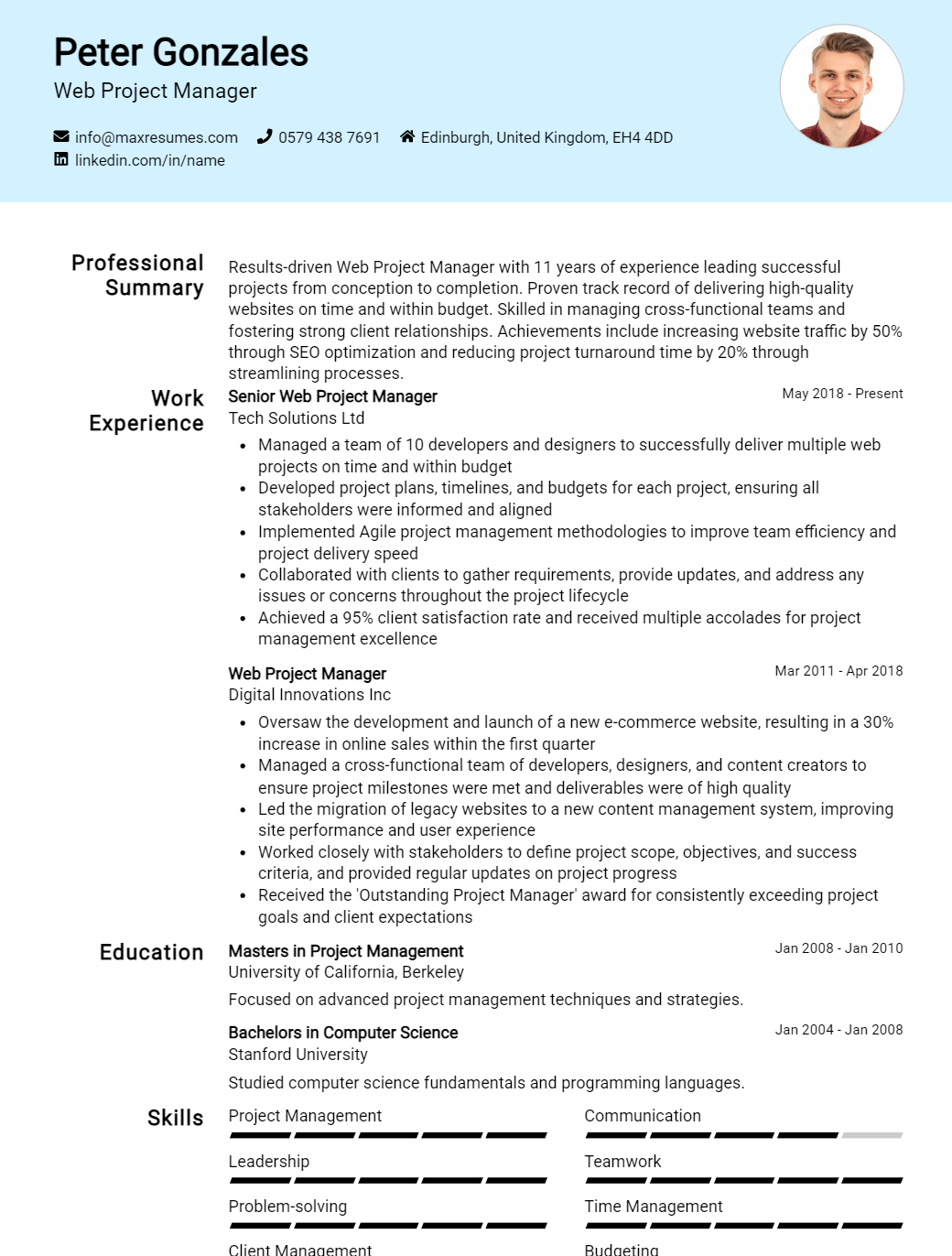 web-project-manager-resume-sample