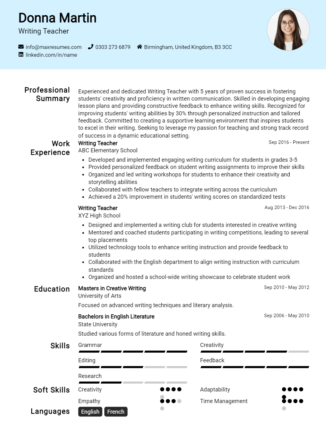 writing-teacher-resume-sample